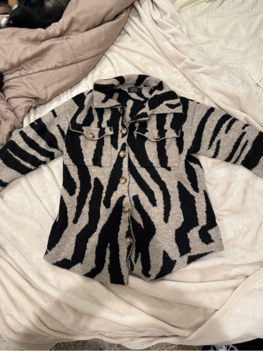 Vici Black and Beige Zebra Print Button-Up Shacket